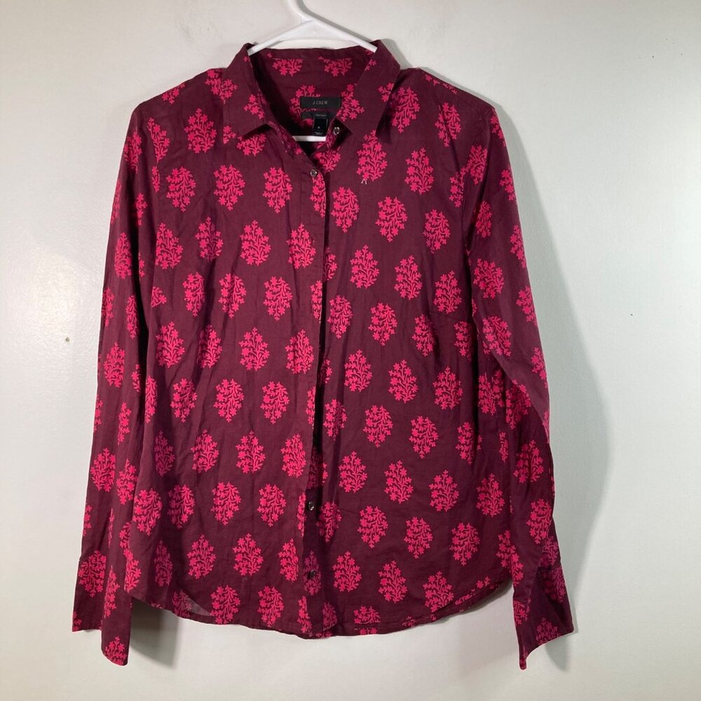 Womens J Crewβ Floral Button Perfect Shirt 8 Red Pink Long Sleeve Cotton